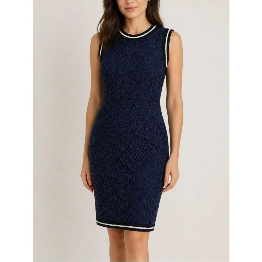 Vakko Navy Lace Sheath Dress Sleeveless Sport Trim Back Zip Size 2